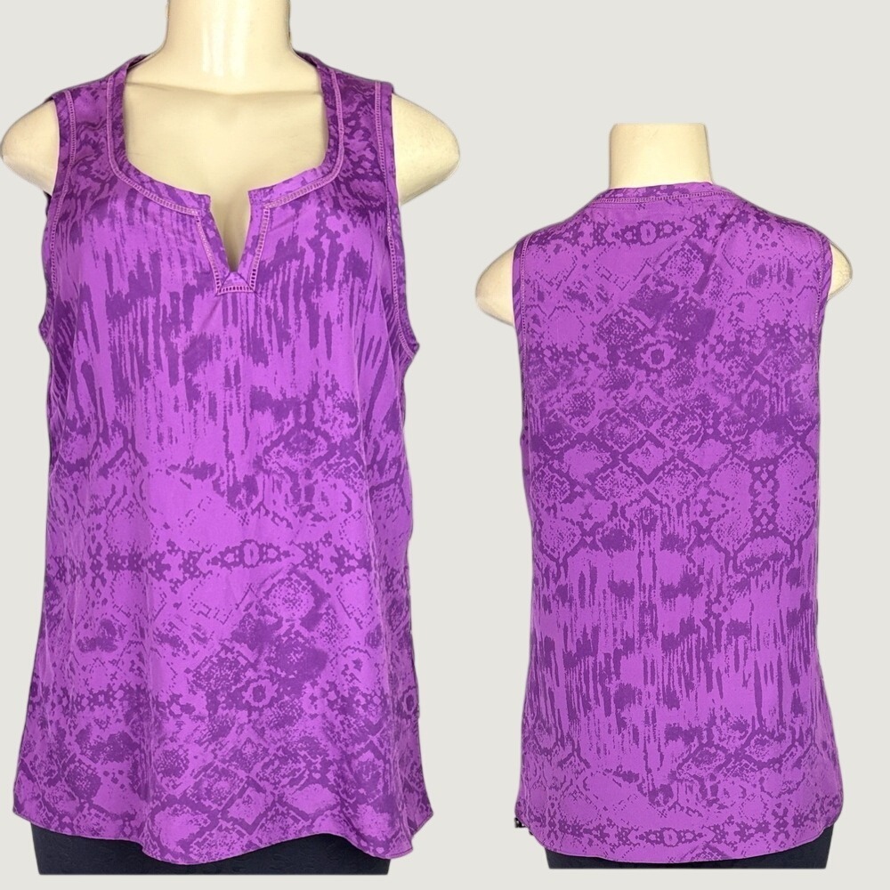 Calvin Klein Jeans L Purple Snakeskin Ikat Split Neckline Sleeveless Blouse